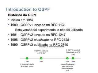Introduction to OSPF
Histórico do OSPF
 Iniciou em 1987
 1989 - OSPFv1 lançado na RFC 1131
Esta versão foi experimental e não foi utilizado
 1991 - OSPFv2 lançado na RFC 1247
 1998 - OSPFv2 atualizado na RFC 2328
 1999 - OSPFv3 publicado na RFC 2740
 