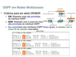 OSPF em Redes Multiacesso
 Critérios para ser eleito DR/BDR
1. DR: Roteador mais alta prioridade
de interface OSPF.
2. BDR: Roteador com a segunda mais
alta prioridade de interface OSPF.
3. Se a prioridade das interfaces OSPF forem iguais, o roteador com o
maior ID de roteador será eleito.
 