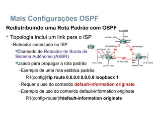 Mais Configurações OSPF
Redistribuindo uma Rota Padrão com OSPF
 Topologia inclui um link para o ISP
–Roteador conectado no ISP
Chamado de Roteador de Borda de
Sistema Autônomo (ASBR)
Usado para propagar a rota padrão
–Exemplo de uma rota estática padrão
R1(config)#ip route 0.0.0.0 0.0.0.0 loopback 1
–Requer o uso do comando default-information originate
–Exemplo de uso do comando default-information originate
R1(config-router)#default-information originate
 