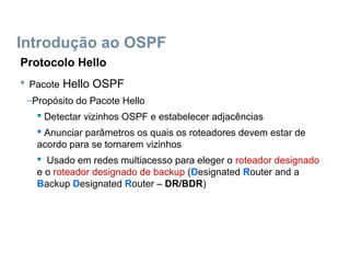 Introdução ao OSPF
Protocolo Hello
 Pacote Hello OSPF
–Propósito do Pacote Hello
 Detectar vizinhos OSPF e estabelecer adjacências
 Anunciar parâmetros os quais os roteadores devem estar de
acordo para se tornarem vizinhos
 Usado em redes multiacesso para eleger o roteador designado
e o roteador designado de backup (Designated Router and a
Backup Designated Router – DR/BDR)
 