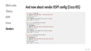 Who's who
Theory
OSPF
Linux
Vendors
And now about vendor OSPF con g (Cisco IOS)
interface Loopback0
ip address 194.107.207...