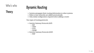 Who's who
Theory
Dynamic Routing
Systems propagate their routing information to other systems
Paths to new networks are ad...