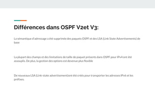 Différences dans OSPF V2et V3:
La sémantique d'adressage a été supprimée des paquets OSPF et des LSA (Link State Advertisements) de
base
La plupart des champs et des limitations de taille de paquet présents dans OSPF pour IPv4 ont été
assouplis. De plus, la gestion des options est devenue plus flexible
De nouveaux LSA (Link-state advertisement)ont été créés pour transporter les adresses IPv6 et les
préfixes.
 