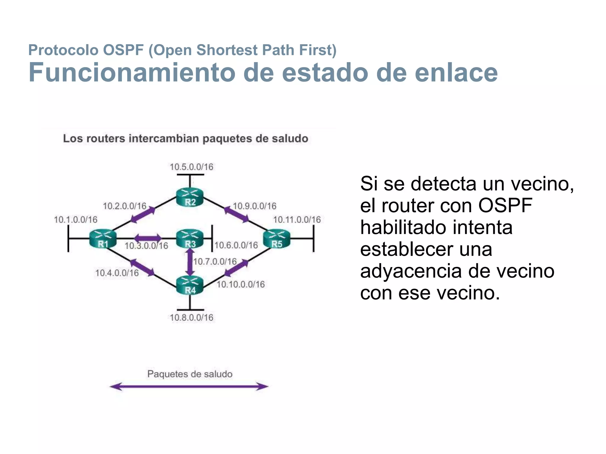 Protocolo OSPF (Open Shortest Path First)
Funcionamiento de estado de enlace
Si se detecta un vecino,
el router con OSPF
habilitado intenta
establecer una
adyacencia de vecino
con ese vecino.
 