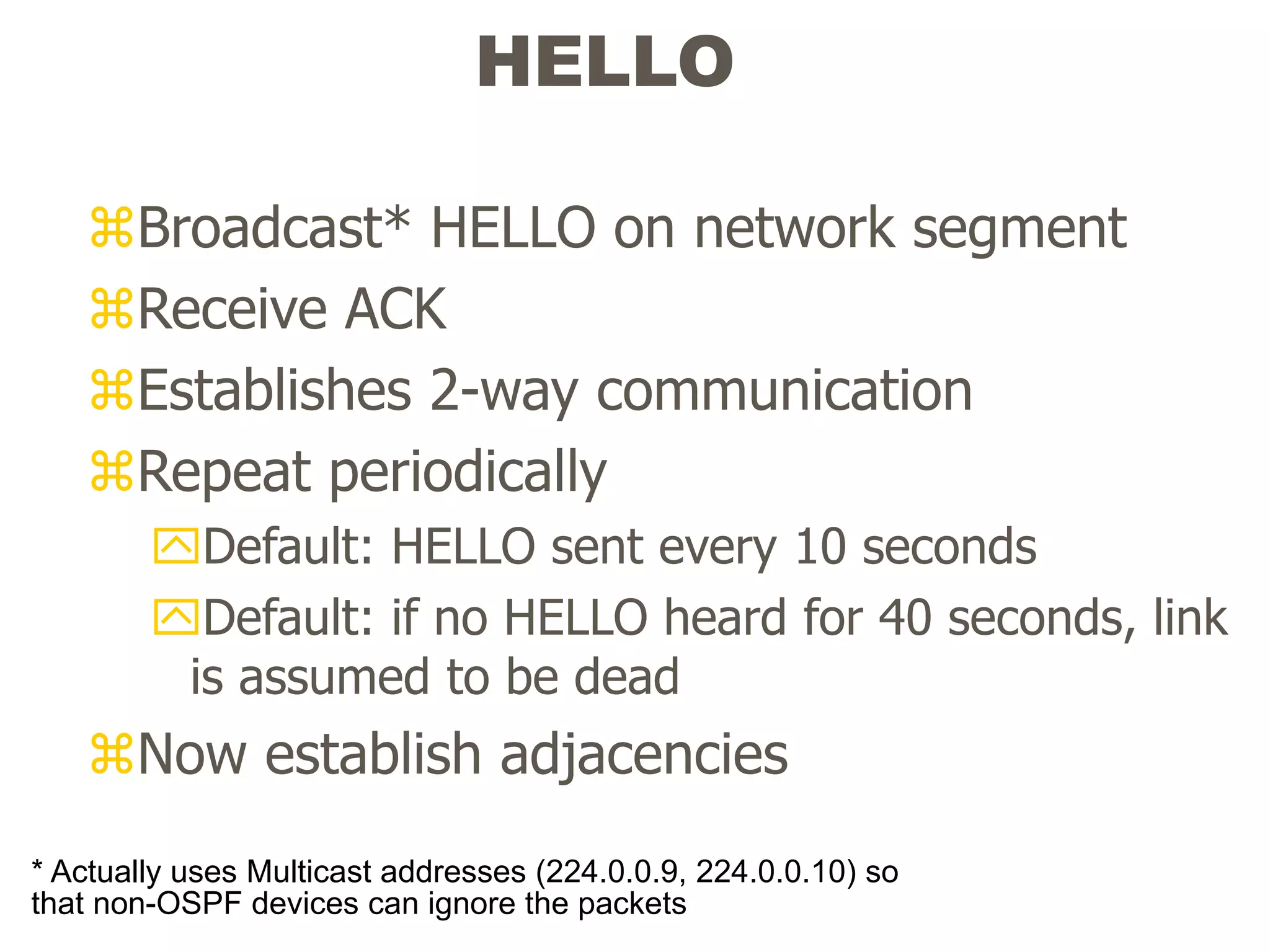 HELLO
Broadcast* HELLO on network segment
Receive ACK
Establishes 2-way communication
Repeat periodically
Default: HELLO sent every 10 seconds
Default: if no HELLO heard for 40 seconds, link
is assumed to be dead
Now establish adjacencies
* Actually uses Multicast addresses (224.0.0.9, 224.0.0.10) so
that non-OSPF devices can ignore the packets
 
