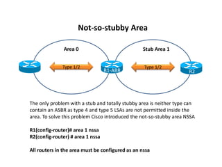 Area 0
Type 1/2
Stub Area 1
Type 1/2
The only problem with a stub and totally stubby area is neither type can
contain an ASBR as type 4 and type 5 LSAs are not permitted inside the
area. To solve this problem Cisco introduced the not-so-stubby area NSSA
R1(config-router)# area 1 nssa
R2(config-router) # area 1 nssa
All routers in the area must be configured as an nssa
Not-so-stubby Area
R1-ABR R2
 