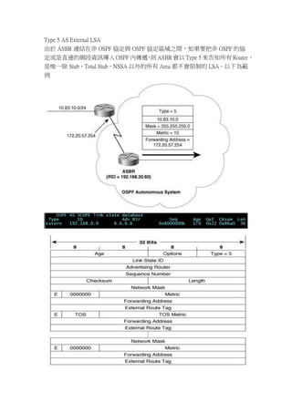 Type 5 AS External LSA
由於 ASBR 連結在非 OSPF 協定與 OSPF 協定區域之間，如果要把非 OSPF 的協
定或是直連的網段資訊導入 OSPF 內傳遞 則 ASBR 會以 Type 5 來告知所有 Router，
                             ，
是唯一除 Stub、Total Stub、NSSA 以外的所有 Area 都不會限制的 LSA。以下為範
例
 