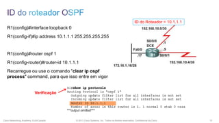 ID do Roteador = 10.1.1.1

R1(config)#interface loopback 0
R1(config-if)#ip address 10.1.1.1 255.255.255.255

R1(config)#router ospf 1
R1(config-router)#router-id 10.1.1.1
Recarregue ou use o comando "clear ip ospf
process" command, para que isso entre em vigor

Verificação

Cisco Networking Academy, EUA/Canadá

© 2013 Cisco Systems, Inc. Todos os direitos reservados. Confidencial da Cisco

10

 