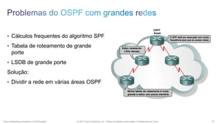 • Cálculos frequentes do algoritmo SPF
• Tabela de roteamento de grande

porte
• LSDB de grande porte

Solução:
• Dividir a rede em várias áreas OSPF

Cisco Networking Academy, EUA/Canadá

© 2013 Cisco Systems, Inc. Todos os direitos reservados. Confidencial da Cisco

15

 