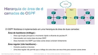 O OSPF Multiárea é implementado em uma hierarquia de área de duas camadas:
Área de backbone (tráfego) •

Área cuja função principal é o movimento rápido e eficiente de pacotes IP.

•

Interconexão com outros tipos de área OSPF

•

Área chamada 0 do OSPF que todas outras áreas conectam diretamente

Área regular (não backbone) •

Conecta usuários e recursos

•

Uma área regular não permite que o tráfego de outra área use seus links para acessar outras áreas

Cisco Networking Academy, EUA/Canadá

© 2013 Cisco Systems, Inc. Todos os direitos reservados. Confidencial da Cisco

18

 