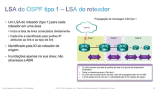 • Um LSA do roteador (tipo 1) para cada

roteador em uma área
 Inclui a lista de links conectados diretamente
 Cada link é identificado pelo prefixo IP
atribuído ao link e ao tipo de link
• Identificado pela ID do roteador de

origem
• Inundações apenas na sua área; não

atravessa a ABR

Cisco Networking Academy, EUA/Canadá

© 2013 Cisco Systems, Inc. Todos os direitos reservados. Confidencial da Cisco

23

 