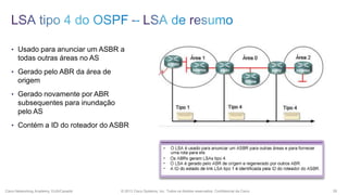 • Usado para anunciar um ASBR a

todas outras áreas no AS
• Gerado pelo ABR da área de

origem
• Gerado novamente por ABR

subsequentes para inundação
pelo AS
• Contém a ID do roteador do ASBR

Cisco Networking Academy, EUA/Canadá

© 2013 Cisco Systems, Inc. Todos os direitos reservados. Confidencial da Cisco

26

 