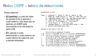 Rotas externas
• E2 (padrão): o custo de rotas

do pacote O E2 é apenas o
custo externo. Use esse tipo se
apenas um ASBR está
anunciando uma rota externa
para o AS.
• E1: calcule o custo

adicionando o custo externo ao
custo interno de cada link que
o pacote atravessa.

Cisco Networking Academy, EUA/Canadá

© 2013 Cisco Systems, Inc. Todos os direitos reservados. Confidencial da Cisco

32

 