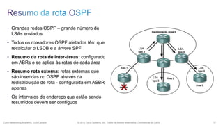 • Grandes redes OSPF – grande número de

LSAs enviados
• Todos os roteadores OSPF afetados têm que

recalcular o LSDB e a árvore SPF
• Resumo da rota de inter-áreas: configurado

em ABRs e se aplica às rotas de cada área
• Resumo rota externa: rotas externas que

são inseridas no OSPF através da
redistribuição de rota - configurada em ASBR
apenas
• Os intervalos de endereço que estão sendo

resumidos devem ser contíguos

Cisco Networking Academy, EUA/Canadá

© 2013 Cisco Systems, Inc. Todos os direitos reservados. Confidencial da Cisco

37

 