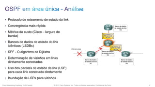 • Protocolo de roteamento de estado do link
• Convergência mais rápida
• Métrica de custo (Cisco – largura de

banda)
• Bancos de dados de estado do link

idênticos (LSDBs)
• SPF - O algoritmo de Dijkstra
• Determinação de vizinhos em links

diretamente conectados
• Uso dos pacotes de estado de link (LSP)

para cada link conectado diretamente
• Inundação de LSPs para vizinhos
Cisco Networking Academy, EUA/Canadá

© 2013 Cisco Systems, Inc. Todos os direitos reservados. Confidencial da Cisco

4

 