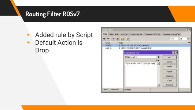 Routing Filter ROSv7
▸ Added rule by Script
▸ Default Action is
Drop