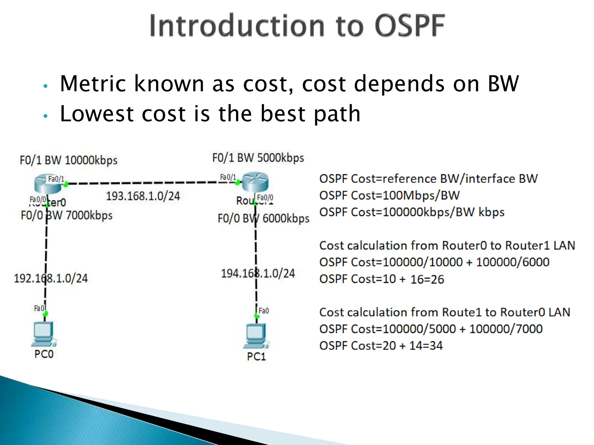 • Metric known as cost, cost depends on BW
• Lowest cost is the best path
 
