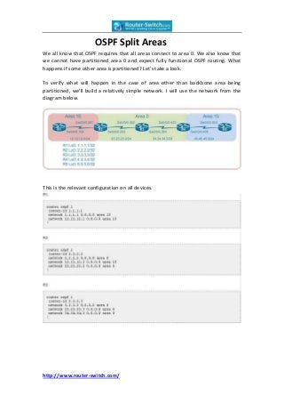 OSPF Split Areas
We all know that OSPF requires that all areas connect to area 0. We also know that
we cannot have partitioned area 0 and expect fully functional OSPF routing. What
happens if some other area is partitioned? Let’s take a look.

To verify what will happen in the case of area other than backbone area being
partitioned, we’ll build a relatively simple network. I will use the network from the
diagram below.




This is the relevant configuration on all devices.




http://www.router-switch.com/
 