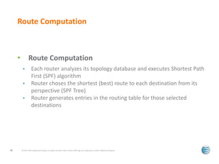 Route Computation 
• Route Computation 
• Each router analyzes its topology database and executes Shortest Path 
First (SPF) algorithm 
• Router choses the shortest (best) route to each destination from its 
perspective (SPF Tree) 
• Router generates entries in the routing table for those selected 
destinations 
© 2012 AT&T Intellectual Property. All rights reserved. AT&T and the AT&T logo are trademarks of 10 AT&T Intellectual Property. 
 