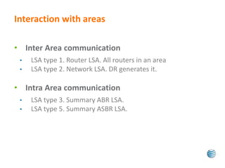 Interaction with areas 
• Inter Area communication 
• LSA type 1. Router LSA. All routers in an area 
• LSA type 2. Network LSA. DR generates it. 
• Intra Area communication 
• LSA type 3. Summary ABR LSA. 
• LSA type 5. Summary ASBR LSA. 
 