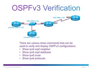 © 2013 Cisco and/or its affiliates. All rights reserved. Cisco Public 14
Branch-1
S0/0/0
S0/0/1G0/0
G0/0
2001:DB8:1::/64
2001:DB8:A::/64
Lo0 2001:DB8:C::/127
Lo0 2001:DB8:B::/127
G0/0
Branch-2
Branch-3
Branch-4
There are various show commands that can be
used to verify and display OSPFv3 configurations:
• Show ipv6 ospf neighbor
• Show ipv6 ospf database
• Show ipv6 route
• Show ipv6 protocols
 