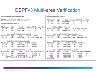 Branch-2# show ipv6 ospf database

Router Link States (Area 51)

OSPF Router with ID (2.2.2.2) (Process ID 1)
Router Link States (Area 0)

ADV Router
2.2.2.2
3.3.3.3

ADV Router
2.2.2.2
1.1.1.1

Net Link States (Area 51)
ADV Router
Age
Seq#
Link ID (DR) Rtr count
3.3.3.3
262
0x80000002
1
2

Age
291
292

Seq#
Fragment ID Link count Bits
0x80000003
0
1
B
0x80000003
0
1

Age
261
262

Seq# Fragment ID Link count Bits
0x80000004
0
1
B
0x80000003
0
1

Inter Area Prefix Link States (Area 0)
ADV Router
Age
Seq#
Metric
Prefix
2.2.2.2
296
0x80000002
1
2001:DB8:A::/64

Inter Area Prefix Link States (Area 51)
ADV Router
Age
Seq#
Metric
Prefix
2.2.2.2
286
0x80000002 64 2001:DB8:1::/64

Link (Type-8) Link States (Area 0)
ADV Router
Age
Seq#
Link ID
2.2.2.2
291
0x80000003 4
1.1.1.1
293
0x80000003 3

Link (Type-8) Link States (Area 51)
ADV Router
Age
Seq#
Link ID
2.2.2.2
271
0x80000003
1
3.3.3.3
262
0x80000003
1

Interface
Se0/0/1
Se0/0/0

Intra Area Prefix Link States (Area 0)
ADV Router
Age
Seq#
Link ID Ref-lstype Ref-LSID
2.2.2.2
292
0x80000002 2
0x2001
0
1.1.1.1
300
0x80000002 2
0x2001
0
OSPF Router with ID (2.2.2.2) (Process ID 1)

© 2013 Cisco e/ou suas afiliadas. Todos os direitos reservados.

Interface
Gi0/0
Gi0/0

Intra Area Prefix Link States (Area 51)
ADV Router
Age
Seq#
Link ID Ref-lstype Ref-LSID
2.2.2.2
300
0x80000002 2
0x2001
0
3.3.3.3
300
0x80000003 2
0x2001
0
3.3.3.3
262
0x80000004 1
0x2002
1
Branch-2#

Público da Cisco

21

 