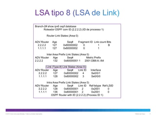 Branch-2# show ipv6 ospf database
Roteador OSPF com ID (2.2.2.2) (ID de processo 1)
Router Link States (Area 0)
ADV Router
2.2.2.2
1.1.1.1

Age
127
127

Seq#
Fragment ID Link count Bits
0x80000002
0
1
B
0x80000002
0
1

Inter Area Prefix Link States (Area 0)
ADV Router
Age
Seq#
Metric Prefix
2.2.2.2
132
0x80000001 1
2001:DB8:A::/64
Link (Type-8) Link States (Area 0)
ADV Router
Age
Seq#
Link ID
2.2.2.2
127
0x80000002
4
1.1.1.1
128
0x80000002
3

Interface
Se0/0/1
Se0/0/0

Intra Area Prefix Link States (Area 0)
ADV Router
Age
Seq#
Link ID Ref-lstype Ref-LSID
2.2.2.2
128
0x80000001 2
0x2001
0
1.1.1.1
136
0x80000001 2
0x2001
0
OSPF Router with ID (2.2.2.2) (Process ID 1)

© 2013 Cisco e/ou suas afiliadas. Todos os direitos reservados.

Público da Cisco

6

 