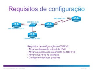 2001:DB8:1::/64

S0/0/0
Branch-1

2001:DB8:A::/64
G0/0

S0/0/1

G0/0

Branch-2

Branch-4
Lo0 2001:DB8:C::/127
G0/0
Branch-3
Lo0 2001:DB8:B::/127

Requisitos de configuração de OSPFv3:
• Ativar o roteamento unicast de IPv6
• Ativar o processo de roteamento do OSPFv3
• Ativar o OSPFv3 na interface
• Configurar interfaces passivas

© 2013 Cisco e/ou suas afiliadas. Todos os direitos reservados.

Público da Cisco

7

 