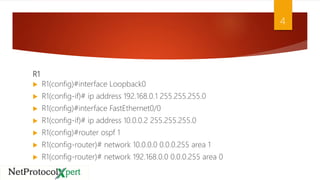 R1
 R1(config)#interface Loopback0
 R1(config-if)# ip address 192.168.0.1 255.255.255.0
 R1(config)#interface FastEthernet0/0
 R1(config-if)# ip address 10.0.0.2 255.255.255.0
 R1(config)#router ospf 1
 R1(config-router)# network 10.0.0.0 0.0.0.255 area 1
 R1(config-router)# network 192.168.0.0 0.0.0.255 area 0
4
 
