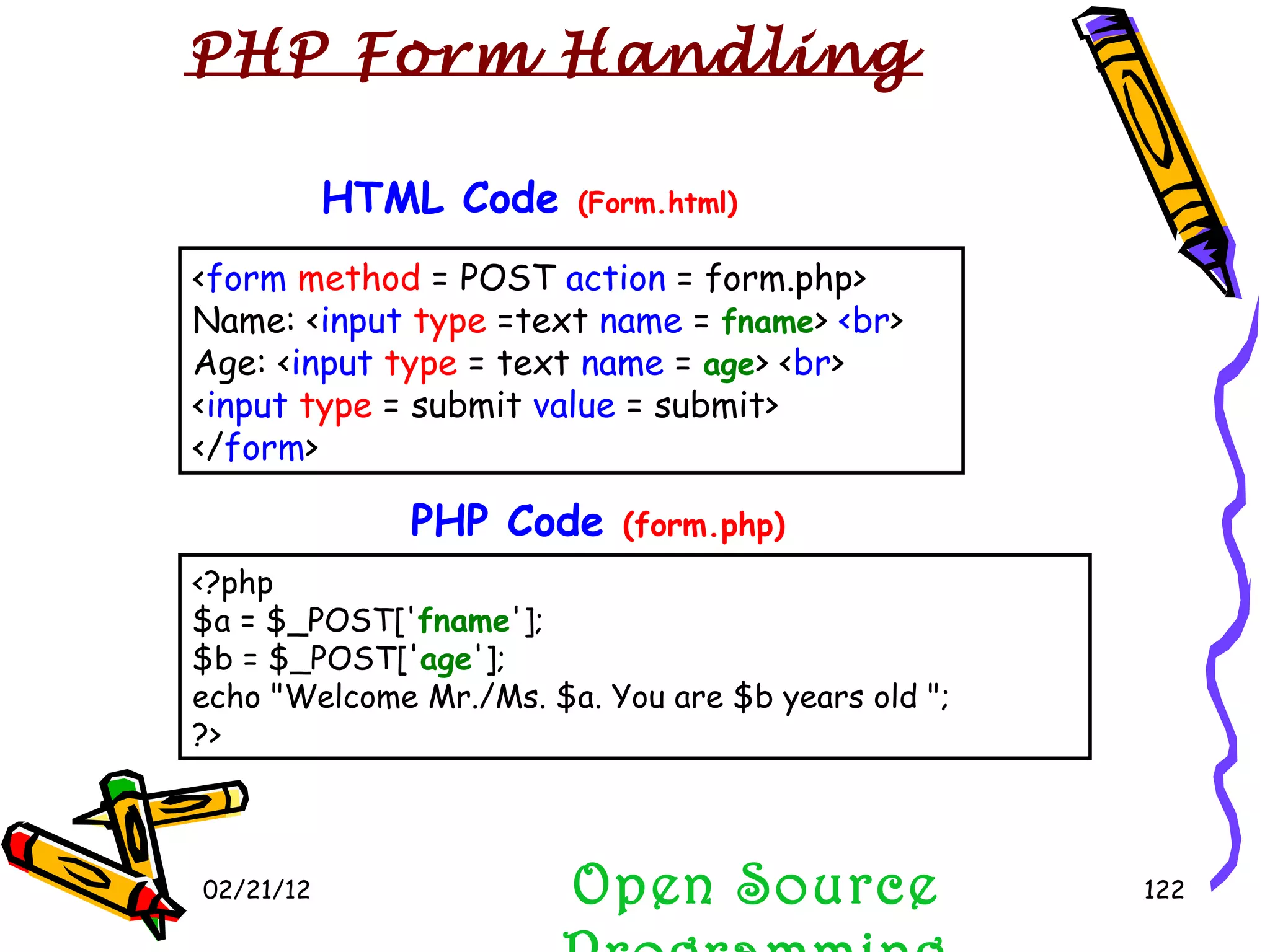 02/21/12 Open Source Programming PHP Form Handling < form   method  = POST  action  = form.php> Name: < input   type  =text  name  =  fname >  <br > Age: < input   type  = text  name  =  age > < br > < input   type  = submit  value  = submit> </ form > HTML Code  (Form.html) <?php $a = $_POST[' fname ']; $b = $_POST[' age ']; echo &quot;Welcome Mr./Ms. $a. You are $b years old &quot;; ?> PHP Code  (form.php) 