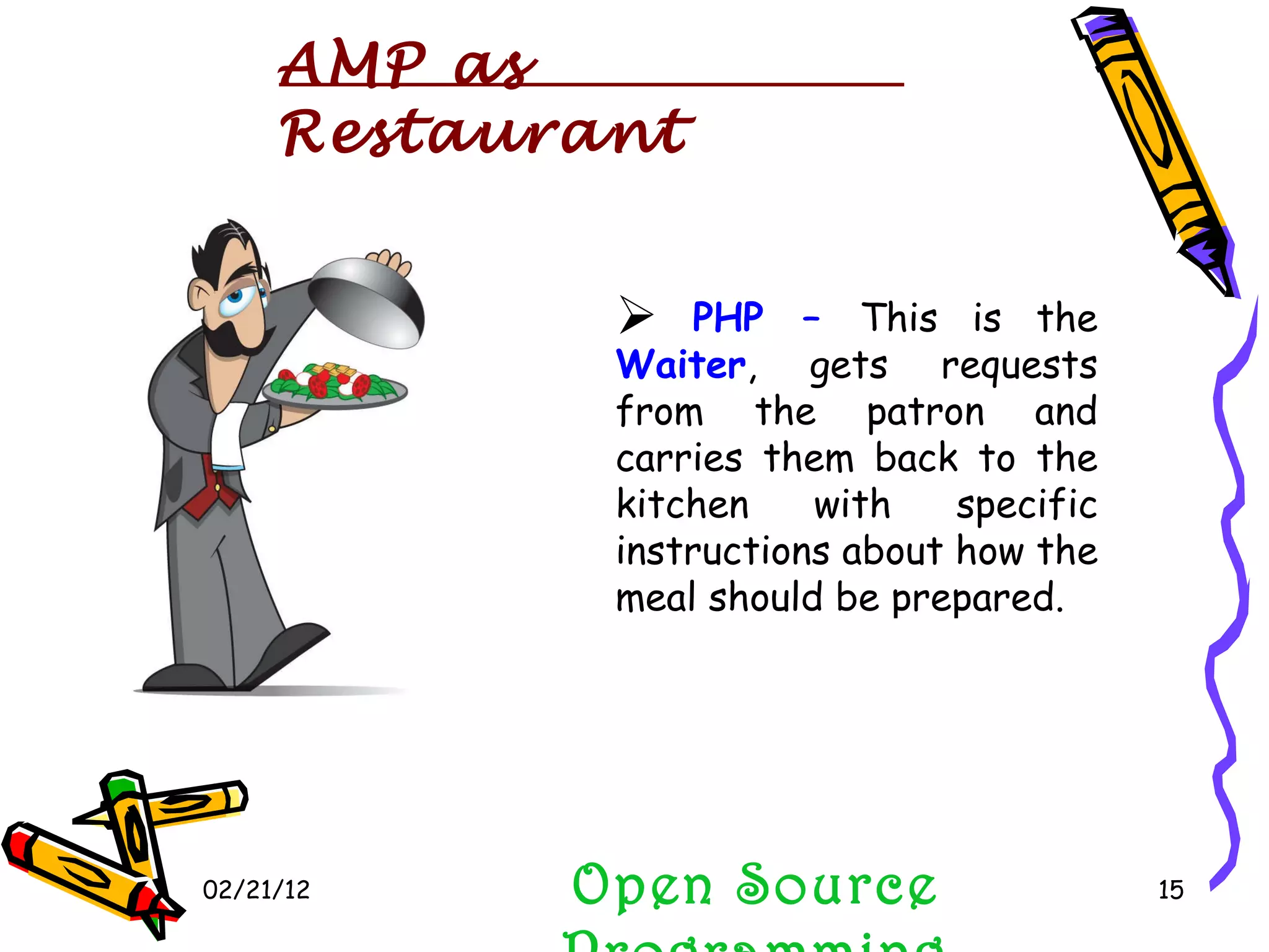 02/21/12 Open Source Programming AMP as Restaurant PHP –  This is the  Waiter , gets requests from the patron and carries them back to the kitchen with specific instructions about how the meal should be prepared. 