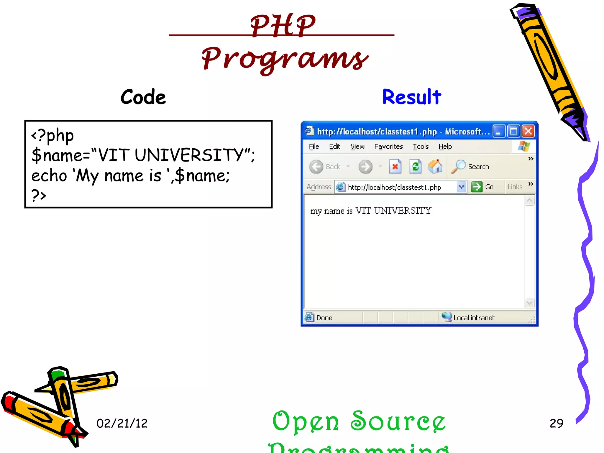 02/21/12 <?php $name=“VIT UNIVERSITY”; echo ‘My name is ‘,$name; ?> Open Source Programming Code PHP Programs Result 