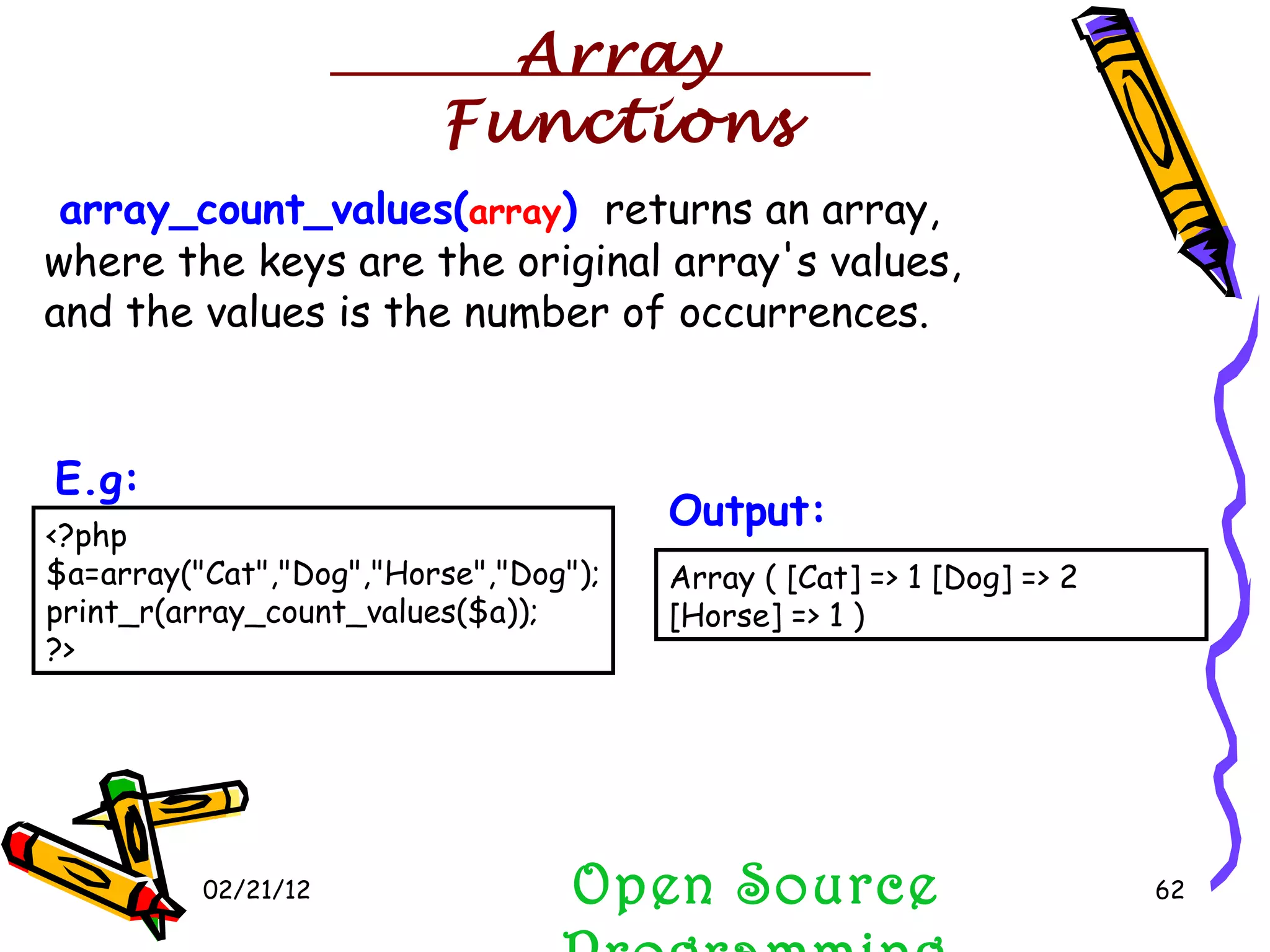 02/21/12 array_count_values( array )   returns an array, where the keys are the original array's values, and the values is the number of occurrences. Open Source Programming <?php $a=array(&quot;Cat&quot;,&quot;Dog&quot;,&quot;Horse&quot;,&quot;Dog&quot;); print_r(array_count_values($a)); ?>  E.g:   Array ( [Cat] => 1 [Dog] => 2 [Horse] => 1 )  Output:   Array Functions 