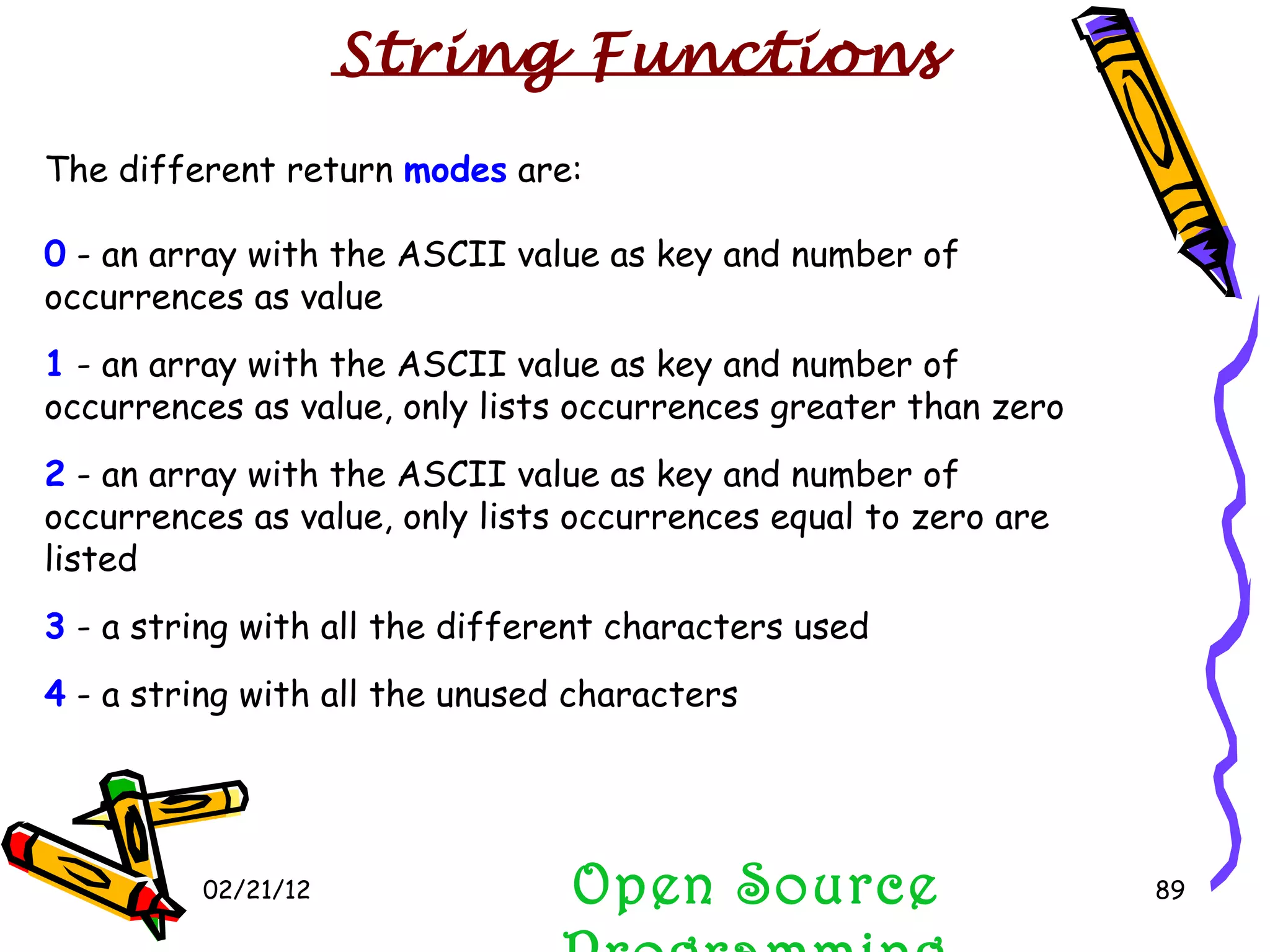 02/21/12 The different return  modes  are: 0  - an array with the ASCII value as key and number of occurrences as value 1  - an array with the ASCII value as key and number of occurrences as value, only lists occurrences greater than zero 2  - an array with the ASCII value as key and number of occurrences as value, only lists occurrences equal to zero are listed 3  - a string with all the different characters used 4  - a string with all the unused characters Open Source Programming String Functions 
