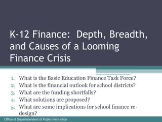 K-12 Finance:  Depth, Breadth, and Causes of a Looming Finance Crisis ,[object Object],[object Object],[object Object],[object Object],[object Object]