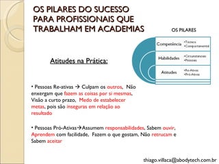 OS PILARES DO SUCESSO PARA PROFISSIONAIS QUE TRABALHAM EM ACADEMIAS [email_address] Atitudes na Prática: Pessoas Re-ativas    Culpam os  outros ,  Não enxergam que  fazem as coisas por si mesmas , Visão a curto prazo,  Medo de estabelecer metas , pois são  inseguras em relação ao resultado Pessoas Pró-Ativas  Assumem  responsabilidades , Sabem  ouvir ,  Aprendem  com facilidade,  Fazem o que gostam, Não  retrucam  e Sabem  aceitar OS PILARES 