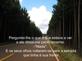 Perguntei-lhe o que é que estava a ver
e ele disse-me pacificamente:
-"Nada".
E os seus olhos voltaram-se para a estrada
que tinha à sua frente.
 