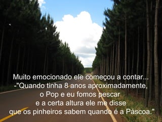Muito emocionado ele começou a contar...
-"Quando tinha 8 anos aproximadamente,
o Pop e eu fomos pescar
e a certa altura ele me disse
que os pinheiros sabem quando é a Páscoa."
 