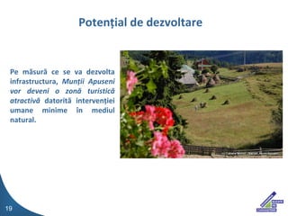 Pe m?sur? ce se va dezvolta infrastructura,  Mun?ii Apuseni vor deveni o zon? turistic? atractiv?  datorit? interven?iei umane minime ?n mediul natural. Poten?ial de dezvoltare 