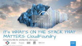 1© Copyright 2015 EMC Corporation. All rights reserved.
IT’s WHAT’S ON THE STACK THAT
MATTERS: CloudFoundry
RAGHAVAN N. SRINIVAS @ragss
 