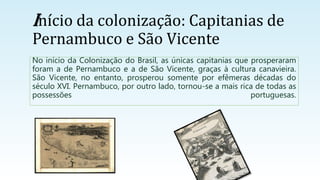Início da colonização: Capitanias de
Pernambuco e São Vicente
No início da Colonização do Brasil, as únicas capitanias que prosperaram
foram a de Pernambuco e a de São Vicente, graças à cultura canavieira.
São Vicente, no entanto, prosperou somente por efêmeras décadas do
século XVI. Pernambuco, por outro lado, tornou-se a mais rica de todas as
possessões portuguesas.
 