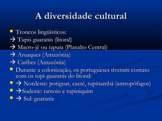 A diversidade culturalA diversidade cultural
 Troncos lingüísticos:Troncos lingüísticos:
 Tupis guaranis (litoral)Tupis guaranis (litoral)
 Macro-jê ou tapuia (Planalto Central)Macro-jê ou tapuia (Planalto Central)
 Aruaques (Amazônia)Aruaques (Amazônia)
 Caribes (Amazônia)Caribes (Amazônia)
 Durante a colonização, os portugueses tiveram contatoDurante a colonização, os portugueses tiveram contato
com os tupi-guaranis do litoral:com os tupi-guaranis do litoral:
  Nordeste: potiguar, caeté, tupinambá (antropófagos)Nordeste: potiguar, caeté, tupinambá (antropófagos)
 Sudeste: tamoio e tupiniquimSudeste: tamoio e tupiniquim
  Sul: guaranisSul: guaranis
 