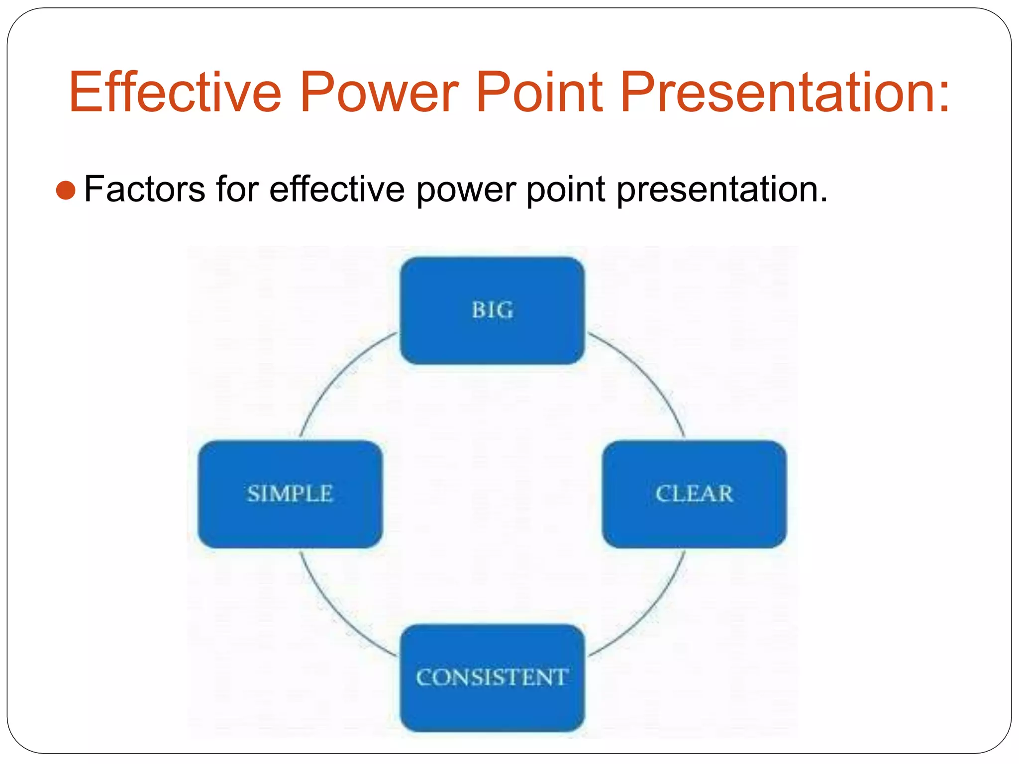 Effective Power Point Presentation:
⚫Factors for effective power point presentation.
 