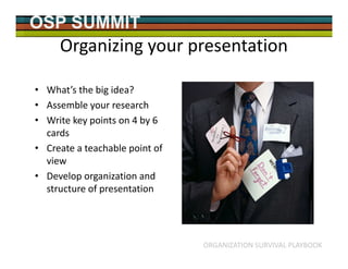 OSP SUMMIT
ORGANIZATION SURVIVAL PLAYBOOK
Organizing your presentation
• What’s the big idea?
• Assemble your research
• W...