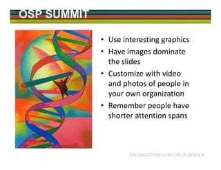 OSP SUMMIT
ORGANIZATION SURVIVAL PLAYBOOK
• Use interesting graphics
• Have images dominate
the slides
• Customize with vi...