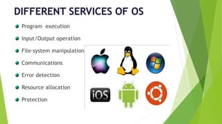 Program execution
Input/Output operation
File-system manipulation
Communications
Error detection
Resource allocation
Protection
 