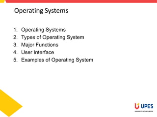 Operating Systems
1
1. Operating Systems
2. Types of Operating System
3. Major Functions
4. User Interface
5. Examples of Operating System
 