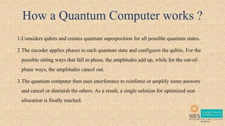 How a Quantum Computer works ?
1.Considers qubits and creates quantum superposition for all possible quantum states.
2.The encoder applies phases to each quantum state and configures the qubits. For the
possible sitting ways that fall in phase, the amplitudes add up, while for the out-of-
phase ways, the amplitudes cancel out.
3.The quantum computer then uses interference to reinforce or amplify some answers
and cancel or diminish the others. As a result, a single solution for optimized seat
allocation is finally reached.
 