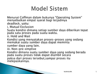 Menurut Coffman dalam bukunya "Operating System"
menyebutkan empat syarat bagi terjadinya
deadlock, yaitu:
i. Mutual Exclusion
Suatu kondisi dimana setiap sumber daya diberikan tepat
pada satu proses pada suatu waktu.
ii. Hold and Wait
Kondisi yang menyatakan proses-proses yang sedang
memakai suatu sumber daya dapat meminta
sumber daya yang lain.
iii. Non-pre-emptive
Kondisi dimana suatu sumber daya yang sedang berada
pada suatu proses tidak dapat diambil secara
paksa dari proses tersebut,sampai proses itu
melepaskannya.


                                      NURHALIMA           5
 