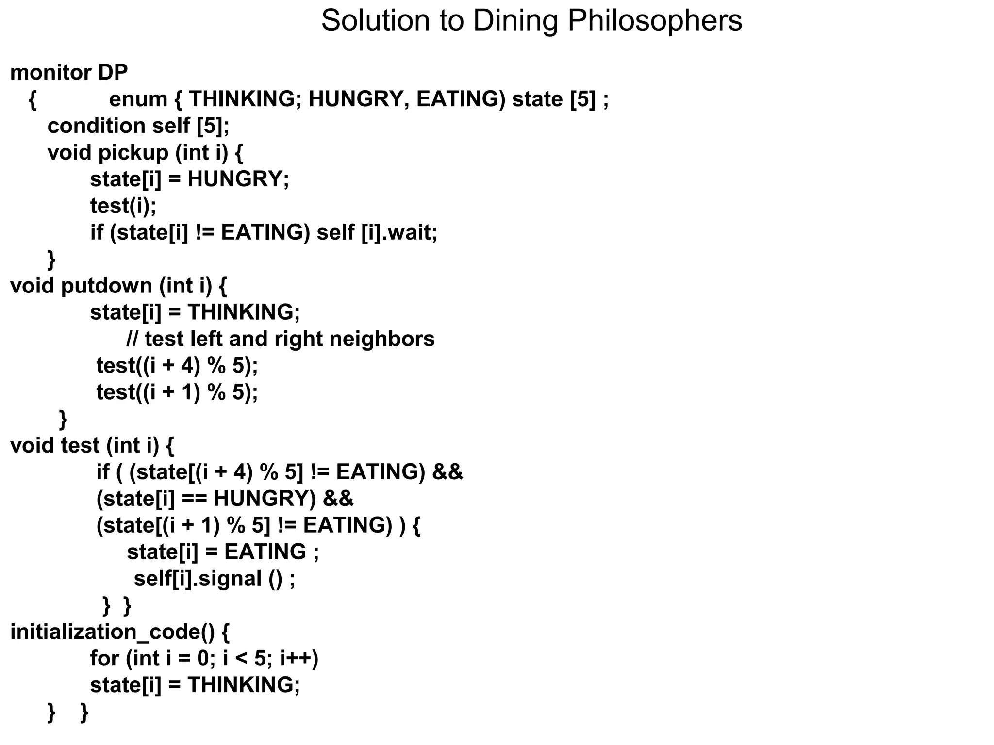 Solution to Dining Philosophers
monitor DP
  {         enum { THINKING; HUNGRY, EATING) state [5] ;
     condition self [5];
     void pickup (int i) {
         state[i] = HUNGRY;
         test(i);
         if (state[i] != EATING) self [i].wait;
     }
void putdown (int i) {
         state[i] = THINKING;
               // test left and right neighbors
          test((i + 4) % 5);
          test((i + 1) % 5);
       }
void test (int i) {
          if ( (state[(i + 4) % 5] != EATING) &&
          (state[i] == HUNGRY) &&
          (state[(i + 1) % 5] != EATING) ) {
               state[i] = EATING ;
                self[i].signal () ;
           } }
initialization_code() {
         for (int i = 0; i < 5; i++)
         state[i] = THINKING;
     } }
 